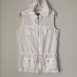 Kenar White Linen Hooded Vest Full Zip Drawstring Waist Pockets Size S